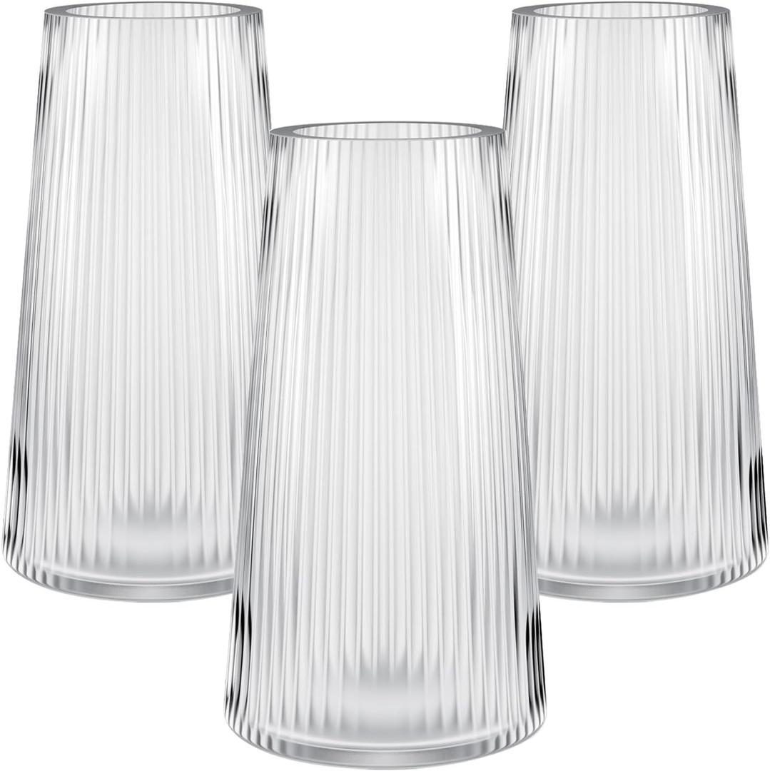 3 Pcs 8 Inch Tall Glass Vase for Flower, Flower Vases for Bouquet, Modern Glass Vases, Clear Ribbed Vase for Living Room, Bedroom, Dining Table, Office, Wedding, Centerpieces