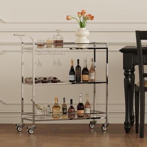 Bar Cart Silver, Home Bar Serving Cart, Modern Bar Cart with 3-Tier, Mobile Kitchen Shelf with Wine Rack and Glass Holder, Bar Carts for The Home, Dining Room, Living Room, 3 Tier Silver-31.5"W