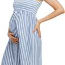 Ecavus Womens Maternity Tank Dress Stripe Color Block Sleeveless Knee Length for Baby Shower (Blue, S)