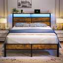 Queen Size Bed Frame, Queen Bed with Charging Station Headboard and LED Lights, Platform Bed with Metal Slats, No Box Spring Needed