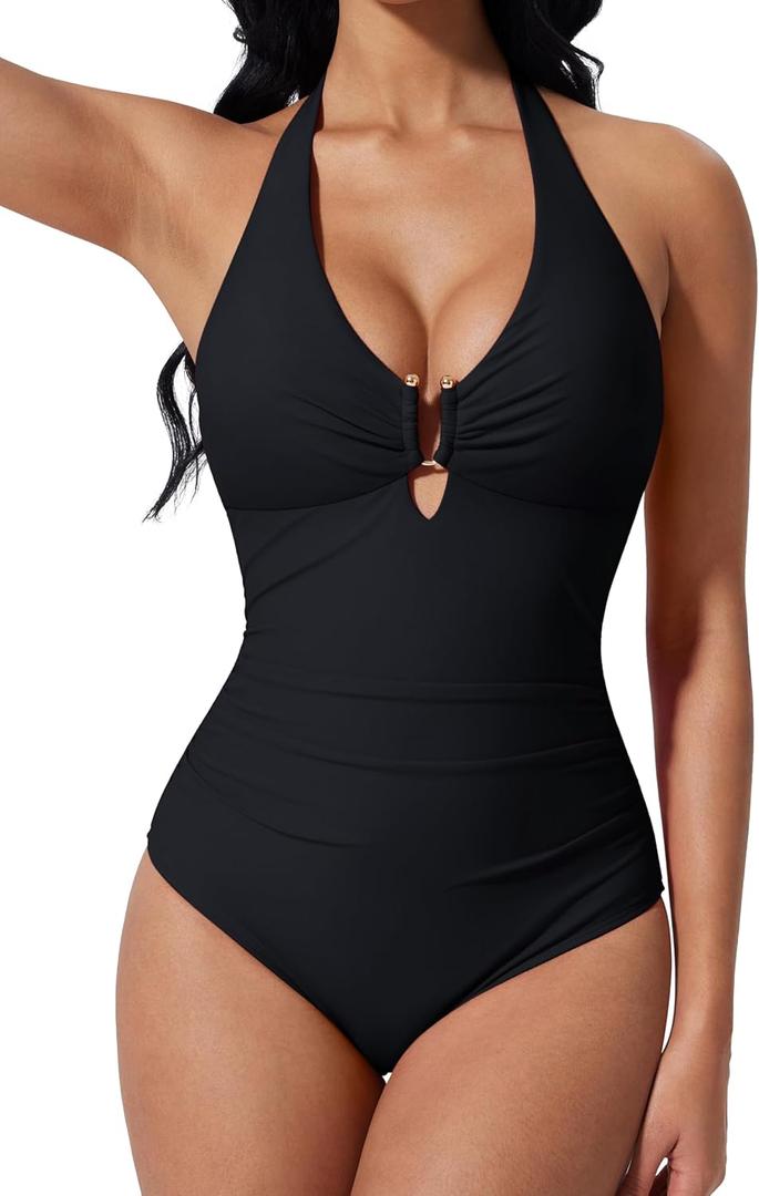 SUUKSESS Women Sexy Tummy Control One Piece Swimsuits Halter U-Wire Bathing Suit (Large, Black)