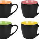 QUTREY 4 Pack Porcelain Coffee Mugs Set, 16 Ounces Ceramic Coffee Mugs, Matte Black Coffee Mug for Coffee, Latte, Tea, Cocoa, Milk, Cereal, Cappuccino, Black outside and Colorful inside
