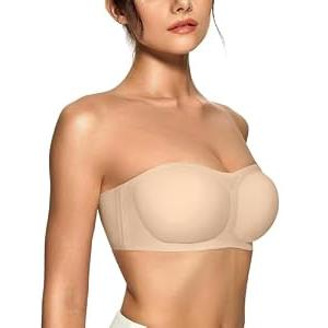 OEAK Womens Strapless Bras Push Up Bandeau Bra Non Slip Wireless Supportive Padded Bras Seamless Comfortable Tube Bra S Beige (Beige, S)