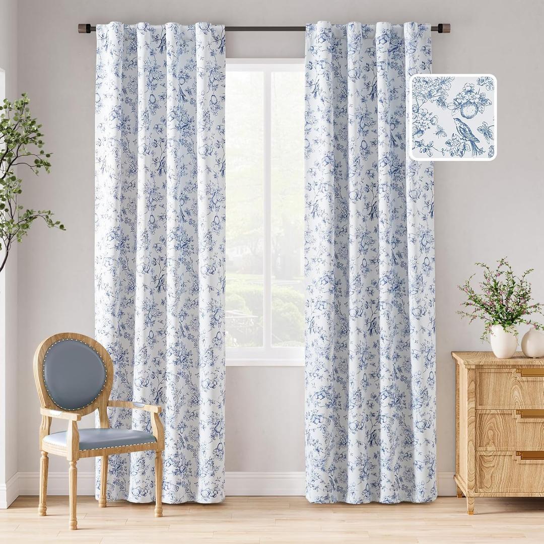 jinchan 95% Blackout Floral Curtains 84 Inches Long, Printed Flower Blue Blackout Curtain for Bedroom Rod Pocket Back Tab Blackout Curtains Thermal Insulated Window Drapes, 2 Panels Blue