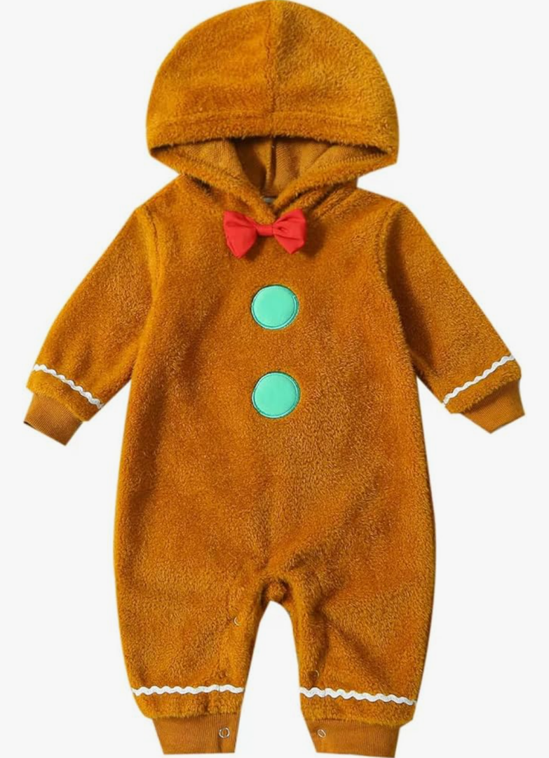 Baby Girl Boy Gingerbread Man Jumpsuit Cute Bow Tie Hooded Romper Fall Winter My First Christmas Outfit 12-18 Months