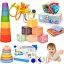 Baby Toys 6-12 Months,Montessori Toys for 6-9-12 Month old,6-in-1 Sensory Toys Stacking Cups Building Blocks,Teething Pull String,Tissue Box Toys for Babies 6-9-12,18-24 Months,1-3 Year old Baby Gifts