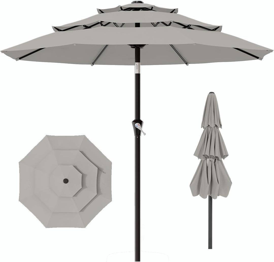 AreShark 9ft 3-Tier Patio Umbrellas, Outdoor Umbrella with 8 Sturdy Ribs UV Protection Windproof, Market Table Umbrella w/Push Button Tilt & Crank for Pool, Porch, Deck, Garden(Foggy Gray)