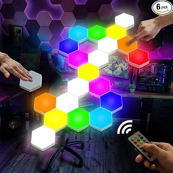 Vcwtty Hexagon Lights, Smart LED Wall Lights with Remote, 13 Colors TouchSensitive DIY Modular Assembled RGB Wall Panels, Hex Light with USBPower for Autism, Game Room Decor, Party (6Pack)