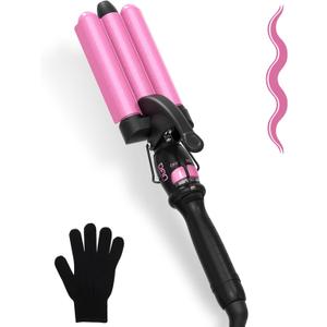 Three Barrel Curling Iron 7/8 Inch (22mm), 7 Heat Settings 180-430F, Ceramic Triple Hair Waver for Beach Waves, Dual Voltage 110-240V, Auto Shut-Off, Glove Included, Pink