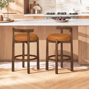 LUE BONA Counter Height Bar Stools Set of 2, 26" Leather Upholstered Low Back Bar Chairs with Rubberwood Frame, Round Seat & Footrest, Mid Century Kitchen Island Stools, Whiskey Brown-Walnut Color