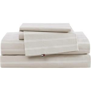 Tommy Hilfiger - King Bed Sheets, Crisp & Cool Cotton Percale Bedding with Matching Pillowcases, Lightweight Bed Set, Oeko-Tex Certified (Effortless Stripe Beige)
