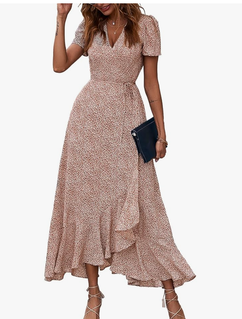 PRETTYGARDEN Women's Summer Maxi Dress Casual Wrap Floral Boho Short Sleeve V Neck Split Ruffle Beach Long Dresses
Size M