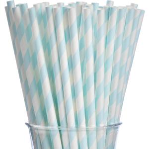 ALINK 100 Light Baby Blue and White Striped Paper Straws, Biodegradable Disposable Drinking Straws for Baby Shower, Brithday, New Year, Party Decoration Supplies