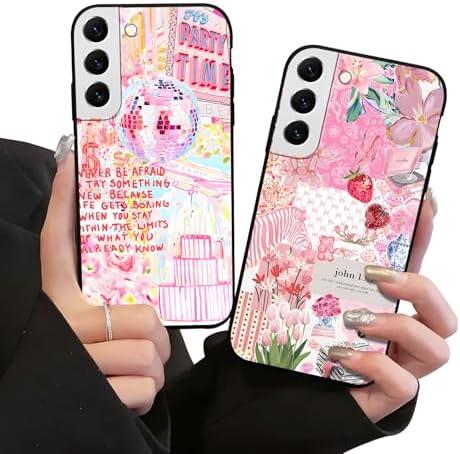 Zrutru 2 Pack Preppy Collage Phone Case for Samsung Galaxy S22 5G 6.1",Cute Flower Aesthetic Floral Cases Cool Y2K Strawberry Print Cover for Women Girls,Black Slim Protection Funda for Samsung S22