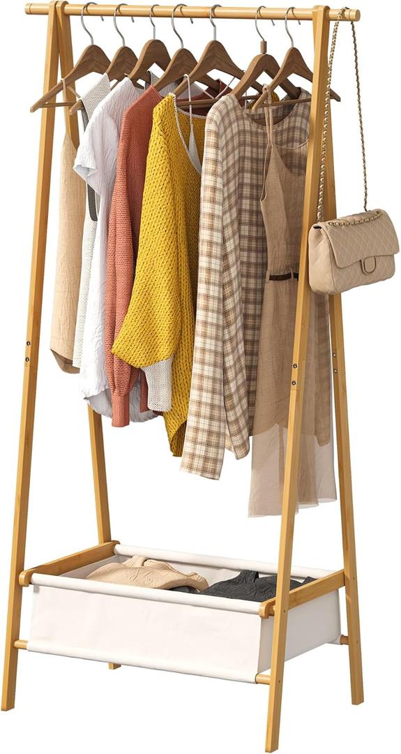 FILWH Bamboo Clothes Rack with Storage Box Foldable Garment Holder Coat Rack Freestanding Coat Stand Child Clothing Stand for Hanging Coat Dress up Racks (Natural, Large), 15"D x 34"W x 41.7"H