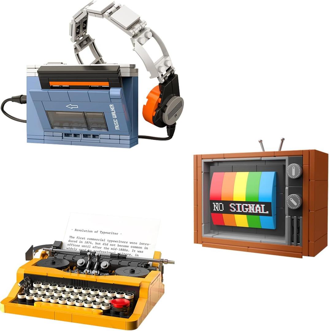 Typewriter Walkman Television Building Toys, Collectible Vintage Display Model Office Room Decor, 660 Pieces Model for Adults Girls Boys Kid Toys Gift (Vintage Three-Piece Set)