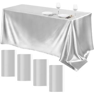 TURSTIN 4 Packs Silver Satin Tablecloth 102 x 58 Inch Overlay Satin Table Cover Rectangle Bright Silk Tablecloth Smooth Fabric Table Decoration for Wedding Banquet Party Events