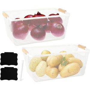 Potato and Onion Storage Bin, 2 Set Potato Bin Storage and Onion Container with Wooden Handle, Pantry Kitchen Organization and Storage, Metal Mesh Baskets for Fruit, Vegetable, Produce-White