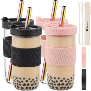 Reusable Glass Mason Jars Cups with Lids and Straws Silicone Sleeves, 4 Pack 24Oz Wide Mouth Smoothie Cups Glass Bubble Tea Cup, Leakproof drinking glasses Water Bottle Travel Tumbler for Large Pearl (Black & Rose Pink)
