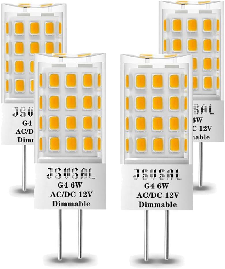 G4 LED Bulb Dimmable,Bi-pin T3 JC Type 12V AC/DC,6W Equivalent to 50-60W Halogen,Soft White 3000K for Chandelier, Landscape Lighting,RV Boat Yacht Courtyard Path,Home Lighting,4-Pack