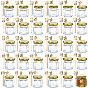 1.5 oz Hexagon Mini Glass Honey Jars -30Pack Honey Jars with Wood Dipper, Gold Lid, Bee Pendants, Jutes - Perfect for Baby Shower, Wedding Favors, Party Favors