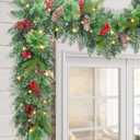 LAVEVE Pre-lit Christmas Garland 9FT with 100 Warm Lights, Battery Operated Xmas Garland with Long Snow Cedar Cones & Red Berries, Christmas Decoration for Mantle, Fireplace, Stair Railing, Porch (Snow Tipped Pine)