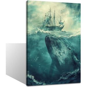 TIEHAOMAI Humpback Whale Canvas Wall Art Blue Whale Paintings Sailing Ship Prints Nautical Ocean Animals Pictures for Home Office DecorAnimal-1,16x24inch (40x60cm)