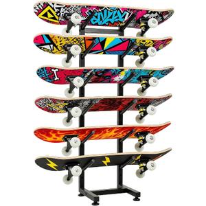 6-Tiers Skateboard Racks Floor Stand, Skateboard Wall Mount, Snowboard Racks, Skateboard Wall Decor For Homes Garages Skate Shops Gym(Black)