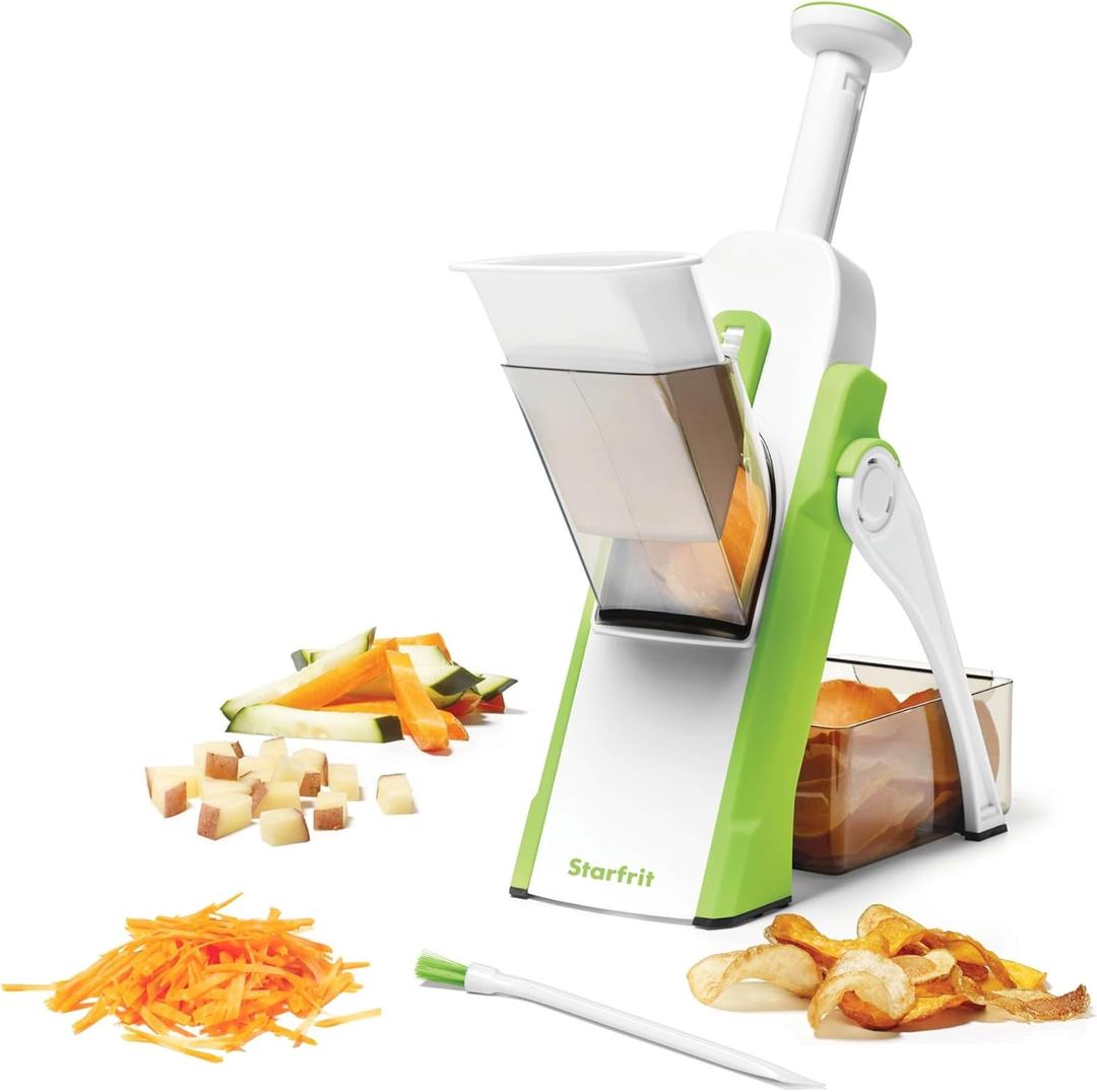 Starfrit Pump'n'Slice - Vertical Mandoline, Food Chopper, Slicer - Precision Adjustable Slicing, Julienne, Dicing - Safe Enclosed Blades, Fold for Storage - High Efficiency Spring Pump - Cleaning Tool