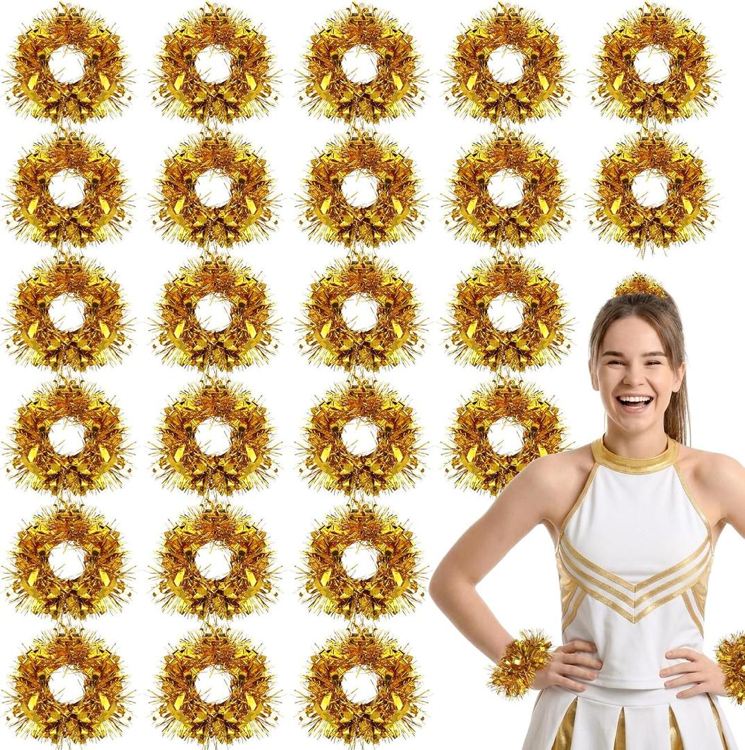Glitinsel 24 Pcs Cheerleading Wristband 4 Inch Metallic Cheerleading Pom Poms Cheer Cheerleader Pom Poms Cheering Squad Hand Flower for Adults Sports Match Team Spirit Dance Party Cheering (Gold)