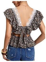 SweatyRocks Women's Floral Printed Lace Blouses Tie Back Ruffle Sleeve Square Neck Peplum Tops XL