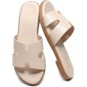 Yozuru Womens Flat Sandals Open Toe Dressy Summer Sandals Comfortable Casual Slip on Leather Slides Sandals for women (6, Beige)