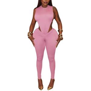 Pink Sexy 2 Piece Sets for Women Sleeveless Hollow Out Bodysuit Top Bodycon Ruched Leggings Set Jumpsuit Club Outfits (Pink, L)