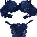 Lilosy Sexy Underwire Push Up Scallop Floral Lace Sheer Lingerie Set for Women Bra and Panty 2 Piece (Blue)