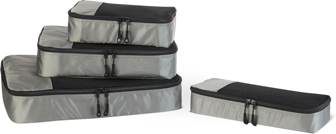 Amazon Essentials 4-Piece Packing Cubes Travel Accessories Set, Space-Saving Luggage Organizer with Double Zipper, Mesh Top Panel, Small/Medium/Large/Slim, Gray