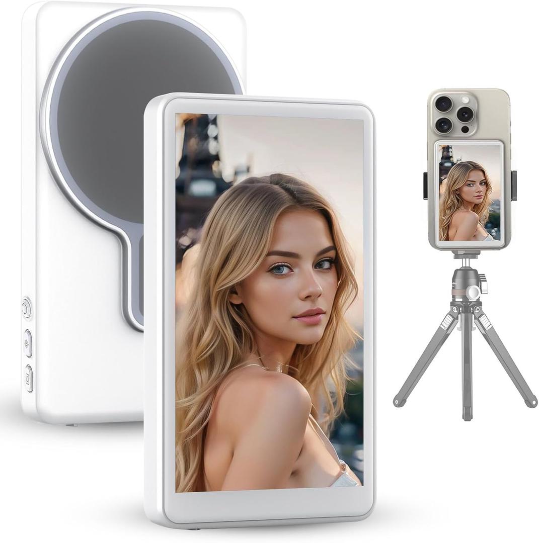 Magnetic Selfie Monitor Screen, Wireless Phone Camera Screen Mirroring, Rear Camera Monitor for Selfie Vlogging, TikTok/YouTube Live, iPhone&Android Compatible, White