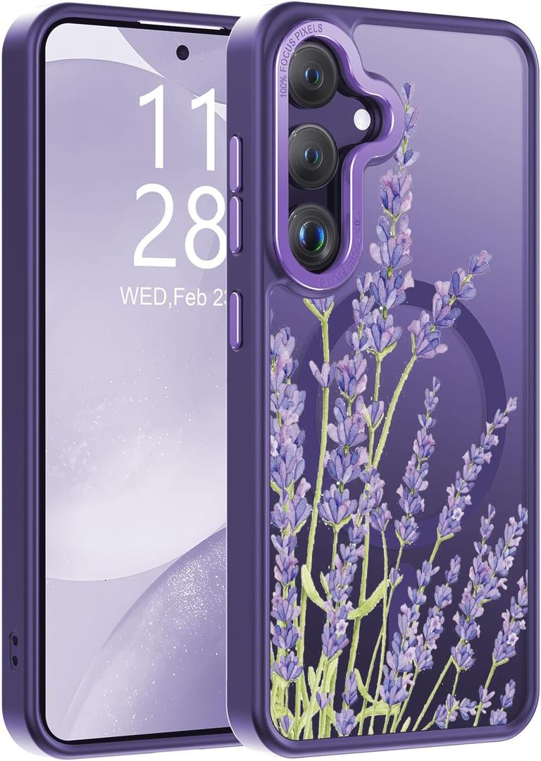 Goodon for Galaxy S24 Case, Wireless Charging Compatible, Shockproof Translucent Matte Cover - Cute Floral Design Phone Case for Women Girls - Elegant Lavender