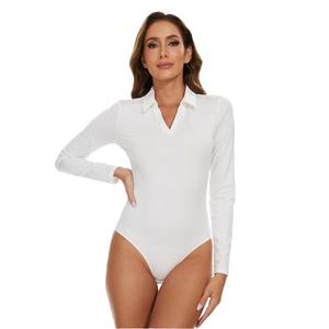 SHAPERIN Long Sleeve Bodysuit for Women V Neck Stretch Casual Collared Jumpsuit Leotard Top White 2XL