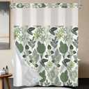 No Hook Shower Curtain with Snap in Liner, Tropical Green Leaf Shower Curtains for Bathroom, Botanical Waterproof Cloth Fabric with See Through Mesh Top Window, 71x74 Inch
