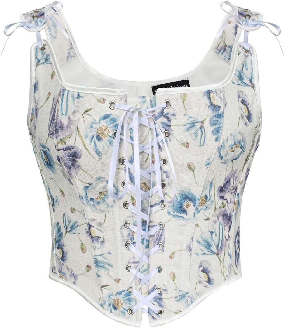 Scarlet Darkness Corset Tops for Women Renaissance Lace Up Floral Overbust Boned Bustier Bodice (12, Blue Flower)