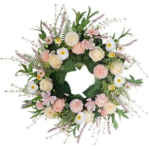 Pink Spring Summer Wreaths for Front Door, 20 Inch Artificial Floral Wreath with Rose Ball-Chrysanthemum, Flower Wreath for Porch Wall Window Decor, Handmade Wreaths for Wedding Decoration