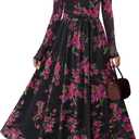 MEROKEETY Women's Long Sleeve Spring Wedding Guest Dress 2026 Crewneck Floral Flowy Mesh Cocktail Maxi Dresses (M)