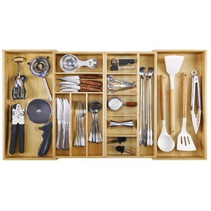MH MYLUNE HOME Large Bamboo Expandable Drawer Organizer, 16-30 Inches Wide, Rustic Kitchen Drawer Organizer for Utensils, Silverware Holder, Adjustable Cutlery Tray, Junk Drawer Organizer 