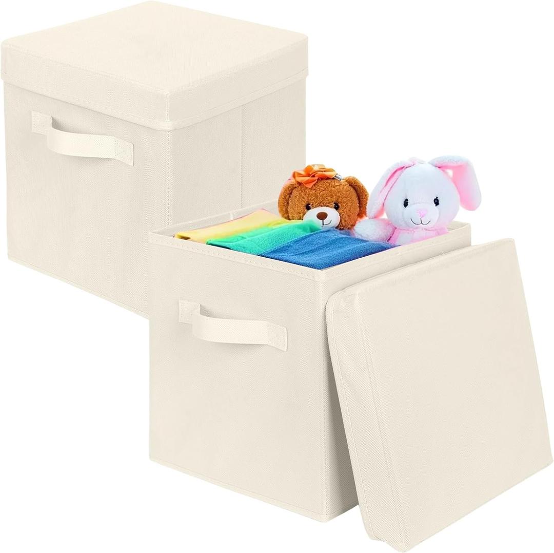 ShellKingdom Storage Bins, Foldable Fabric Storage Cubes with Lid, Clothes Storage Organizer Drawer For Closet Toys Storage, 10.5 X 10.5 X 11 INCH, 2 Pack (Beige)