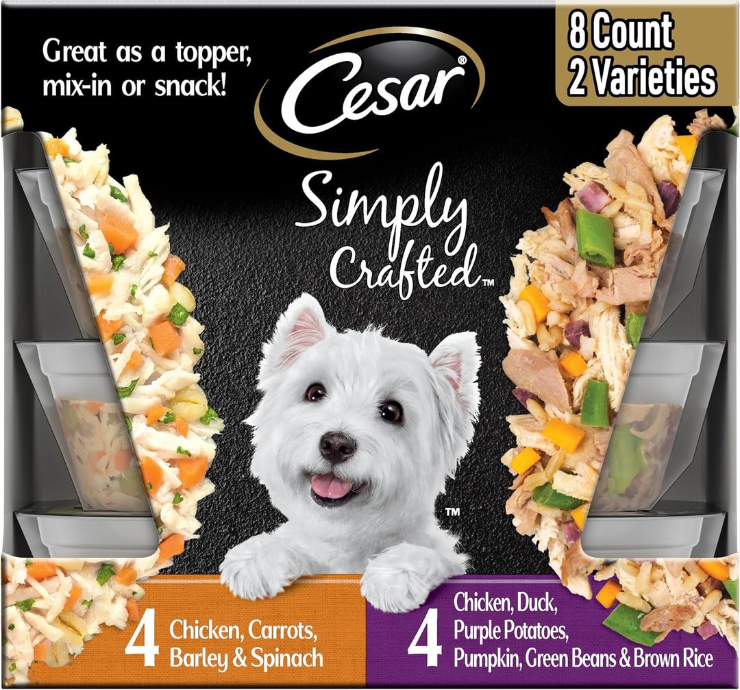 Cesar Simply Crafted Wet Dog Food Toppers for Dry Food, Chicken, Duck, Purple Potatoes, Pumpkin, Green Beans & Brown Rice, and Chicken, Carrots, Barley & Spinach Variety Pack, 1.3 oz Tubs, 8 Count (EXP 11/29/27)