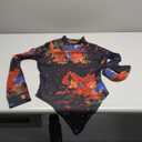 Women's Printed Mesh Long Sleeve Bodysuit, Sexy One Piece with Mock Neck Snap Crotch Leotard Top XL