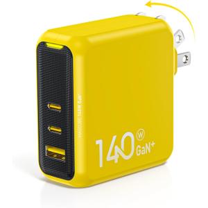AOHI Magcube 140W USB C Charger PD3.1 3-Port GaN+ Laptop Wall Charger 100W Fast Charging Power Adapter Foldable Plug for MacBook Pro 16'', Dell XPS, iPad Pro, Galaxy, iPhone 15 Pro, Chromebook, Yellow
