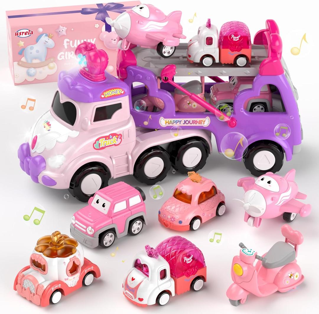 Cars Toys for 2 + 3 + Year Old Girl, 7-in-1 Princess Transport Carrier Trucks for Toddlers Girl 2-4, Friction Power Toy Cars with Lights & Music, Birthday Gift for Girls Age 2 3. (Pink&purple&red)