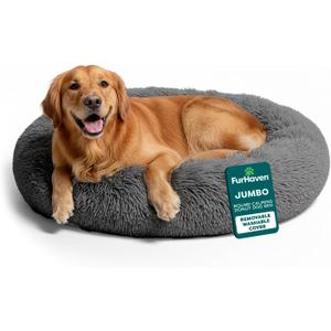 FurHaven 45" Calming Donut Dog Bed for Large Dogs, Round Plush Donut Design with Soft Filling for Snuggling Comfort, Removable Washable Cover, Jumbo XL, Shaggy Faux Fur, Gray