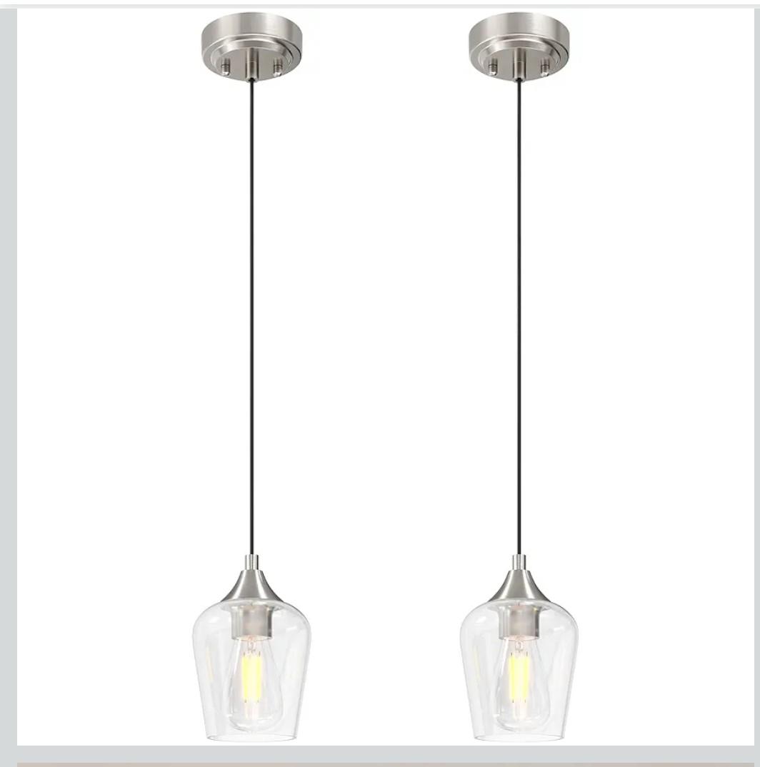 VONLUCE Pendant Lights Kitchen Island, Brushed Nickel Pendant Light Fixtures with E26 Base & Adjustable Cable, Modern Pendant Lighting with Glass Shade for Living Room Bedroom Hallway, 2 Packs
